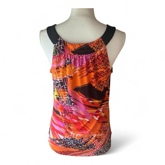 AB Studio Colorful Tropical Boho Tribal Y2K Sleeveless Stretch Blouse Shirt M - Picture 3 of 10